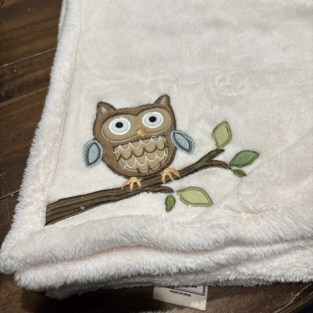 Woolrich Owl Baby Blanket 40" x 29" Brown Off White‎ cream lovey security Rare